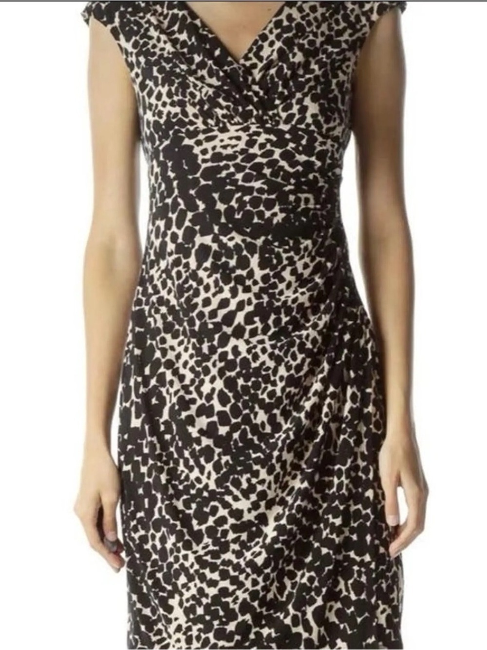 Lauren Ralph Lauren Sheath V-Neck Midi Tan Black Ruched Dress Size 2